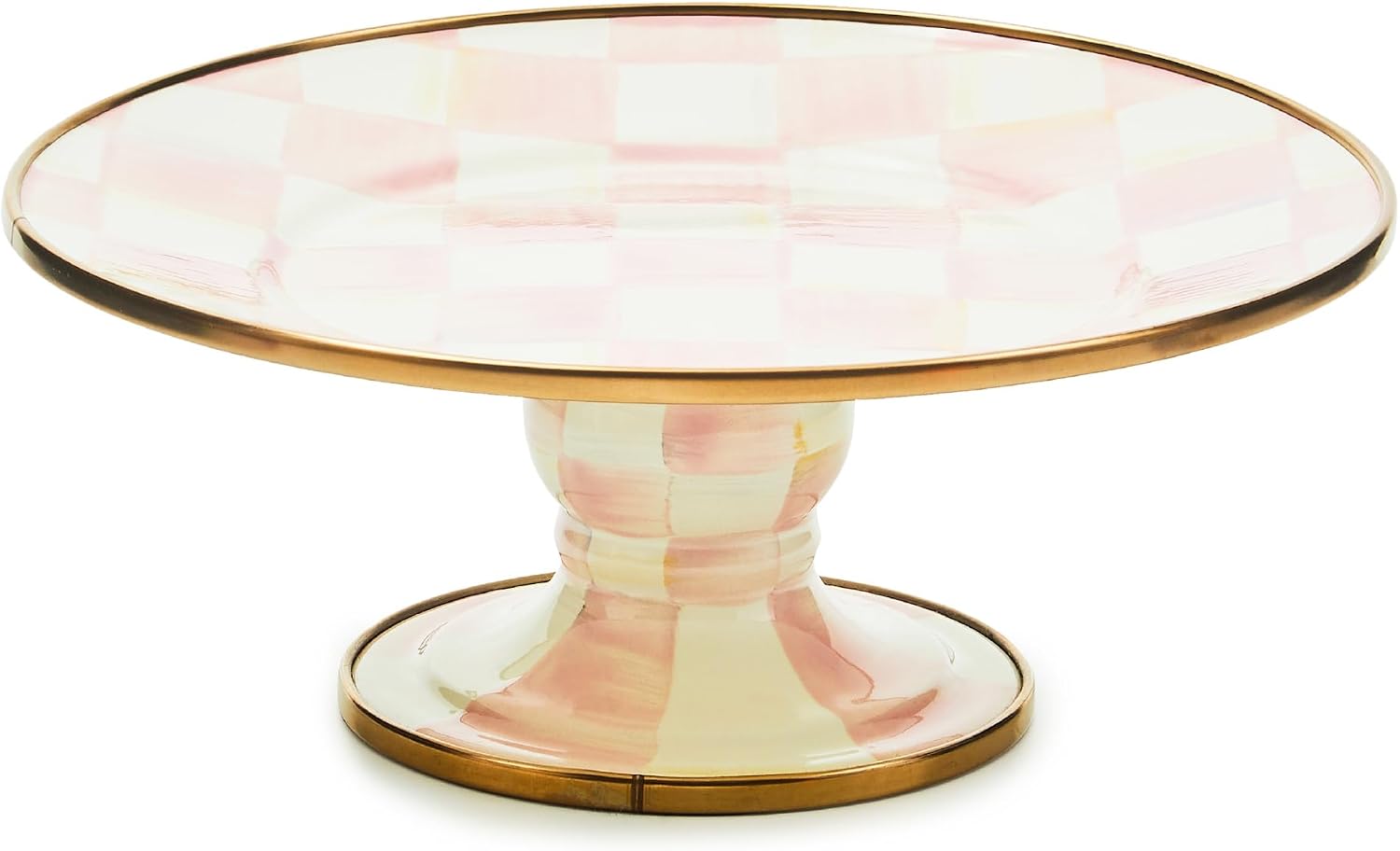 MACKENZIE-CHILDS Pedestal Platter, Mini, Black-and-White Courtly Check | Hand-painted design, made from enameled steel, stackable round cake stand for serving desserts, 8" dia. x 3" H