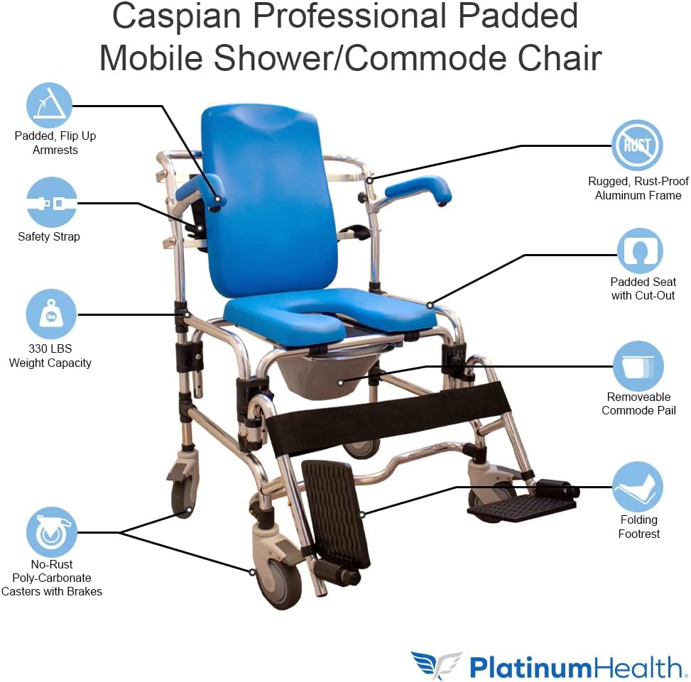 Platinum Health Caspian Professional Mobile Shower/Commode Chair-Padded, Aluminum