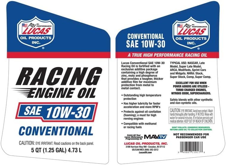 Lucas Oil SAE 20W-50 Racing Engine Oil, 5 Quart (Pack of 1)