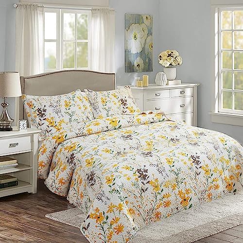 Ycosy Floral Quilt Set Full/Queen Size Reversible Flower Bedspread Queen Summer Lightweight Quilt Bedding Purple Floral Quilts Green Leaves Coverlet