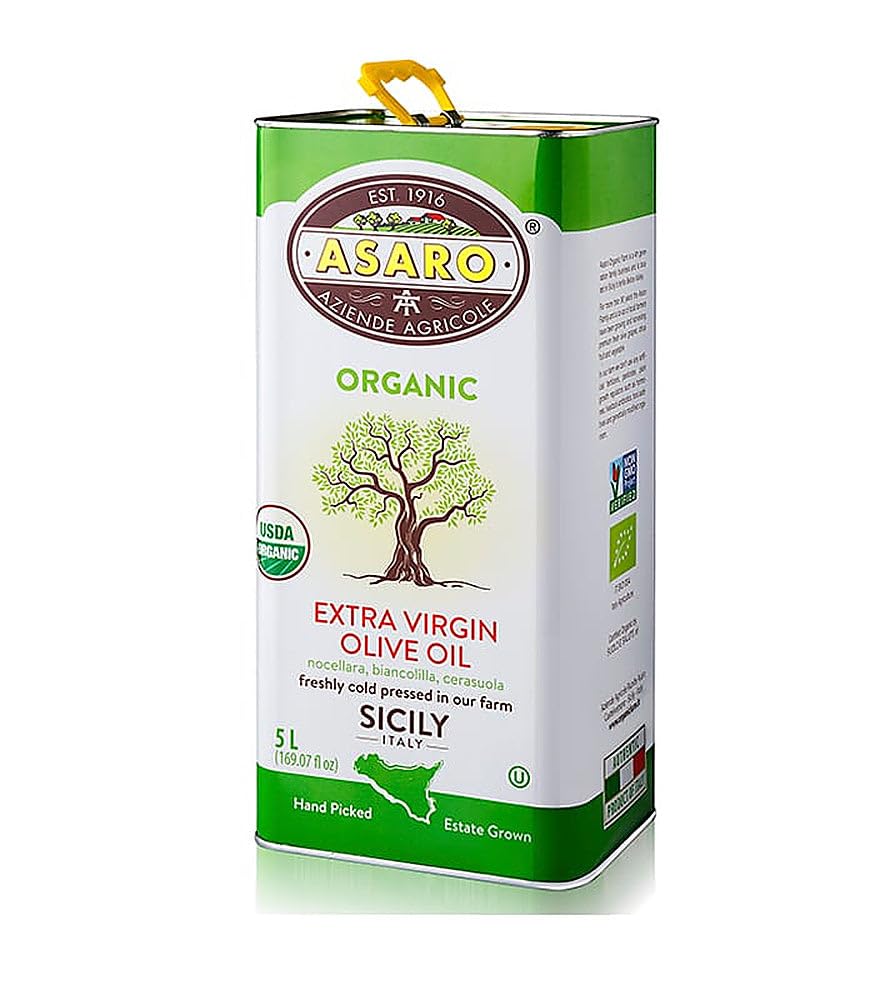 Asaro Organic Extra Virgin Olive Oil 5L Tin - Perfect for Cooking - Cold Pressed from Sicily - Vegan - Rich Fruity Flavor - 169.07 Fl Oz