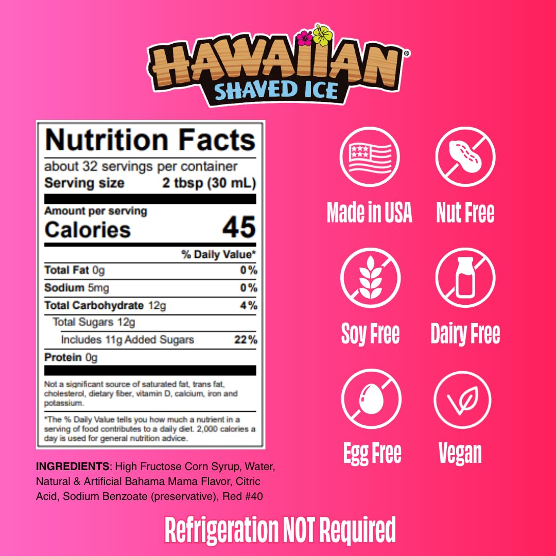 Hawaiian Shaved Ice Blue Raspberry Syrup - Made Nut Soy Dairy Free in the USA - Flavor Fluffy Shaved & Crunchy Snow Cone - Shelf Stable After Opening - Makes 8 Servings - 16 ounces