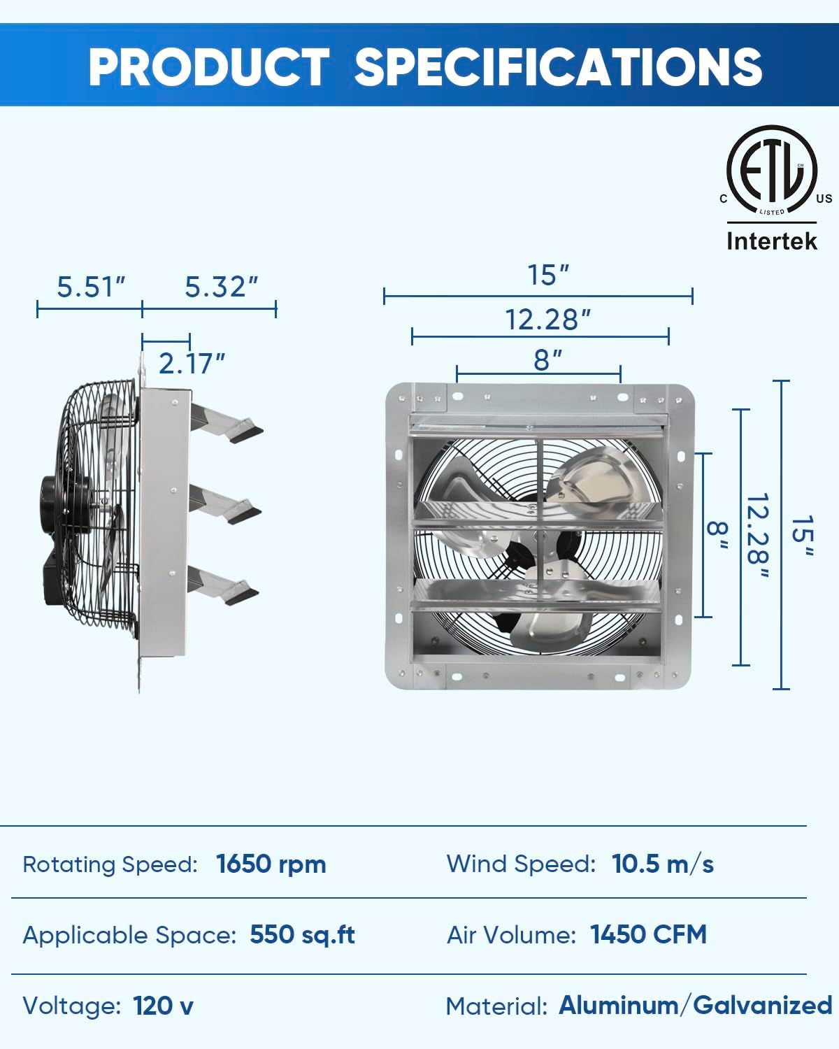 KEN BROWN 12 Inch Shutter Exhaust Fan Wall Mounted, Aluminum with 1.65 Meters Power Cord Kit, High Speed 1450CFM, Vent fan for Commercial, Greenhouse