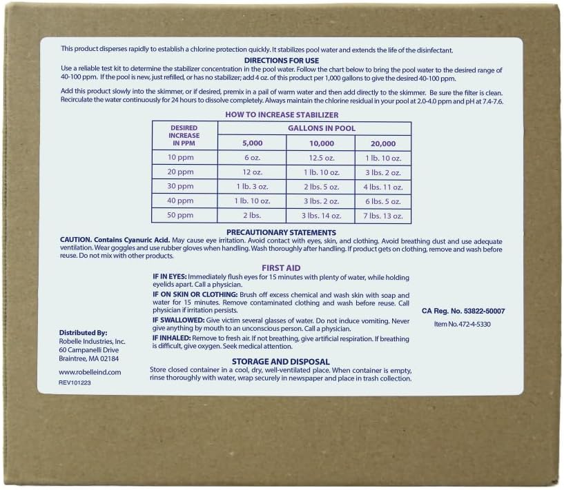 Robelle 7-Pounds Premium Chlorine Stabilizer and Conditioner, Made in USA | Concentrated Cyanuric Acid for Pools, Pool Stabilizer, Helps Chlorine Last Longer, 6 oz raises CYA 10 ppm per 5,000 gallons