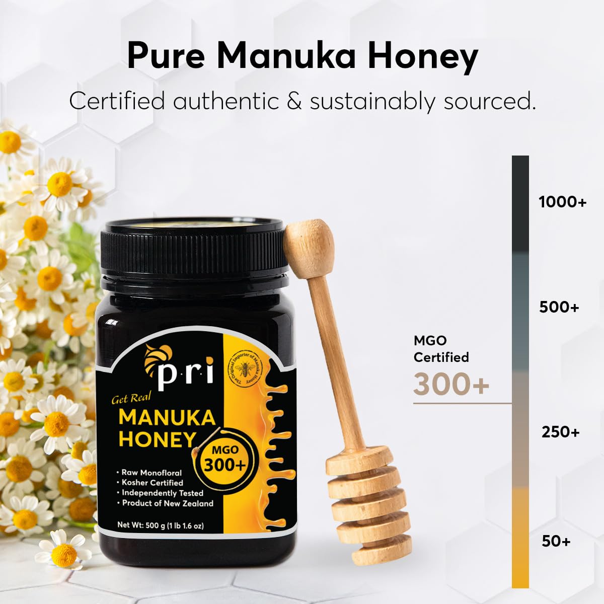 P.R.I Manuka Honey MGO 300+, Elevated-Potency (500g/1.1lb) | Elevated‑Potency Monofloral New Zealand Honey, Cool‑Processed & 100% Traceable