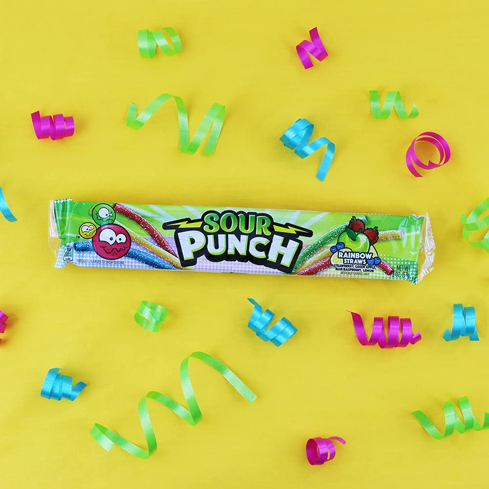 Sour Punch Straws, Rainbow Fruit Flavors, Chewy Sweet & Sour Candy, 2oz Tray (24 Pack)
