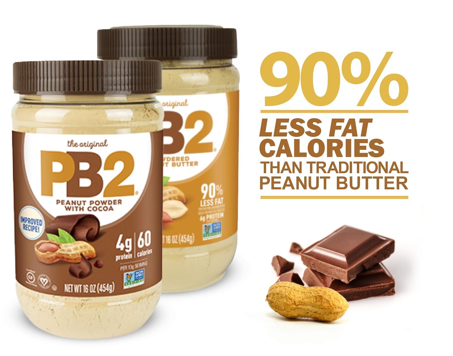 PB2 Powdered Peanut Butter Bundle - Original PB2 and Cocoa PB2 Peanut Butter Powder (Two 16oz Jars)