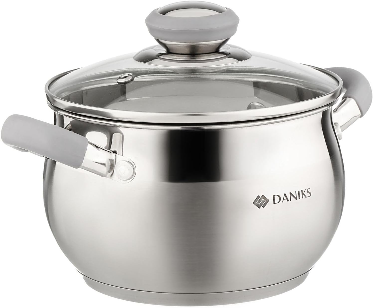 Daniks Modern 4 Quart Stainless Steel Stock Pot with Glass Lid, Tri-Ply Bottom for Even Heating, Induction Compatible, Dishwasher Safe