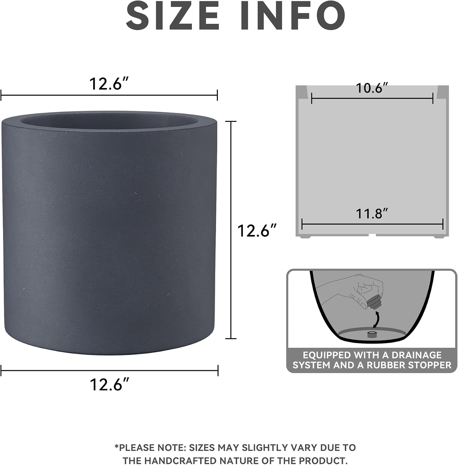 Kante Large Round Cylinder Charcoal Concrete Planter 15.8" Tall, Outdoor