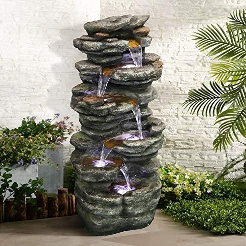 PeterIvan Outdoor Relaxing Waterfall - 6-Tier Fountain with 6 LED Lights, Stone-Liking Resin for Patio, Garden, House&Office (40.6in, Grey)