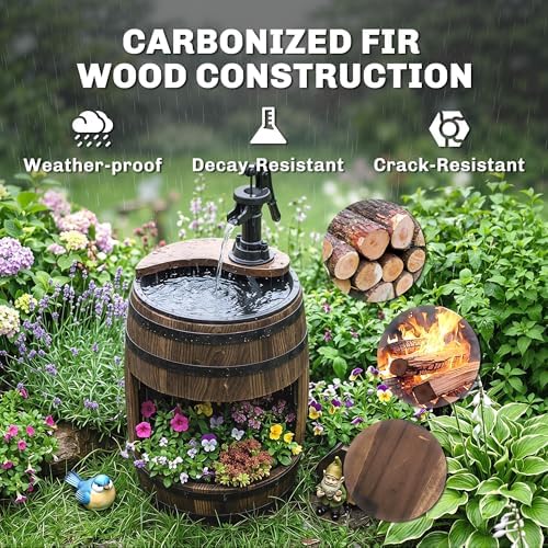 Outsunny 23" H Outdoor Water Fountain Wood and Plastic Rustic Apple Barrel | Pump, Garden Decor, Outside Backyard