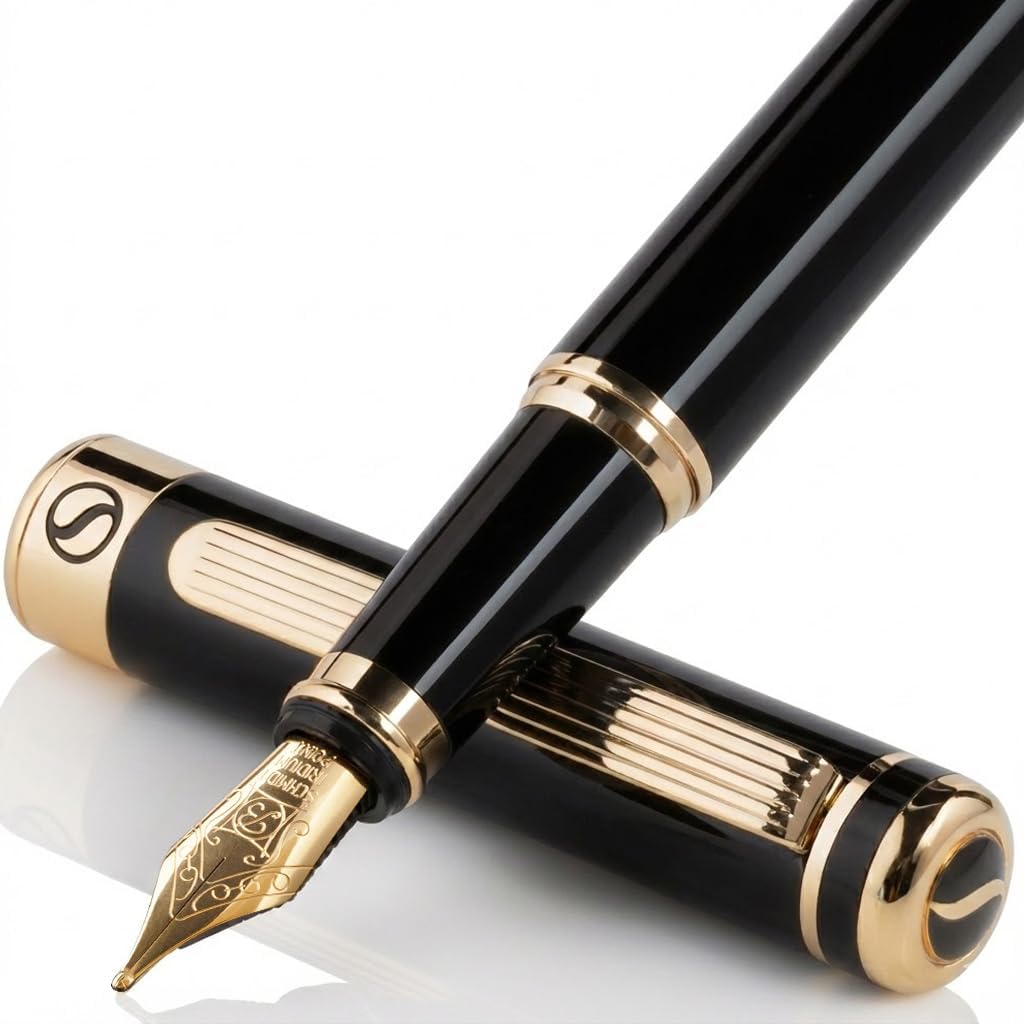 Scriveiner Silver Chrome Fountain Pen - Stunning Luxury Pen, Real Gold Finish Schmidt Gilded Nib (Medium), Best Pen Gift Set for Men & Women