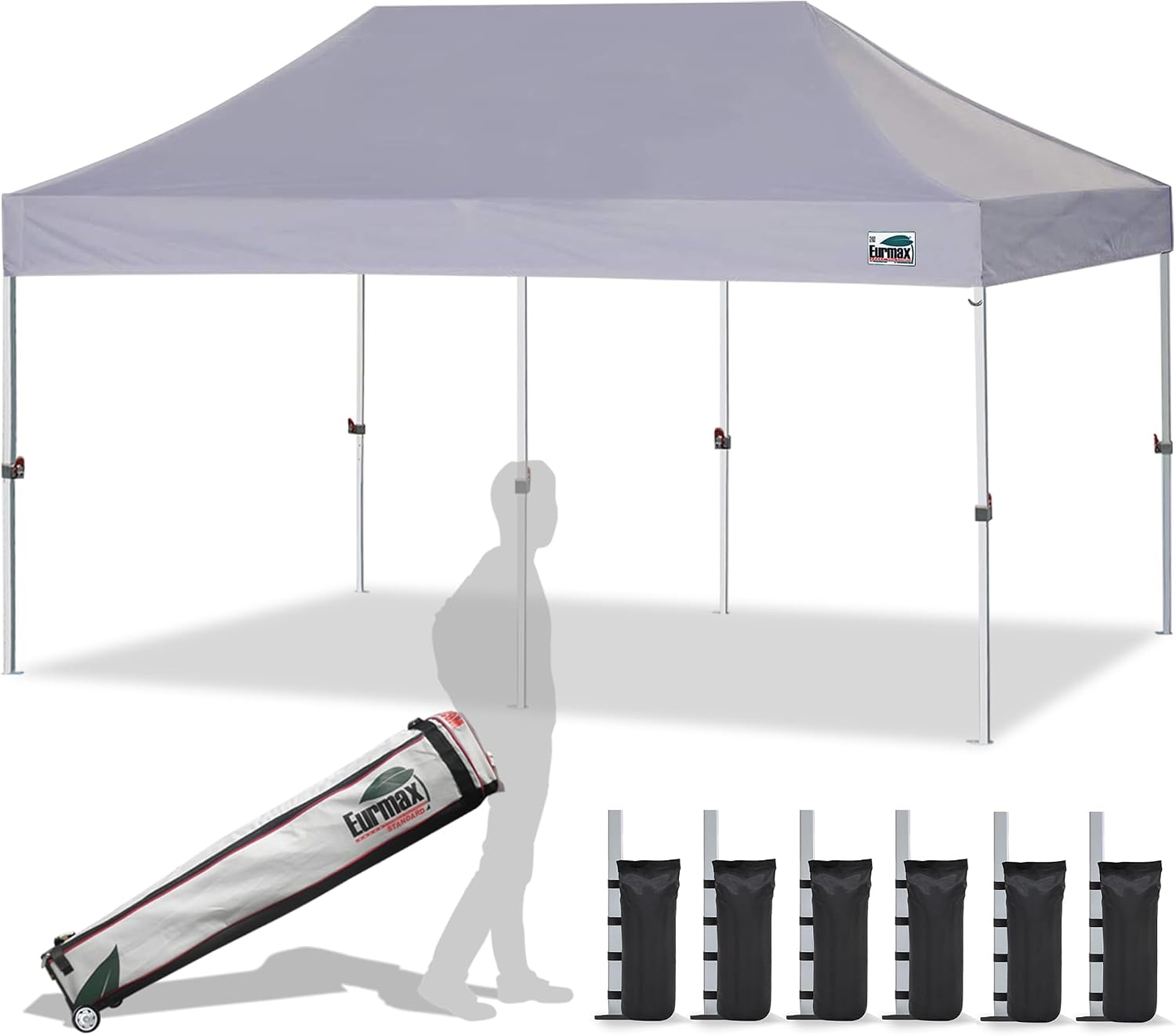 Eurmax USA 10x10ft Pop Up Canopy,Commercial Instant Tent for Outdoor Events,Patented No-Tip Rolling Storage Bag with 4 Sandbags,UV & Water Resistant,Heavy Duty Portable Shelter Gazebo,Black
