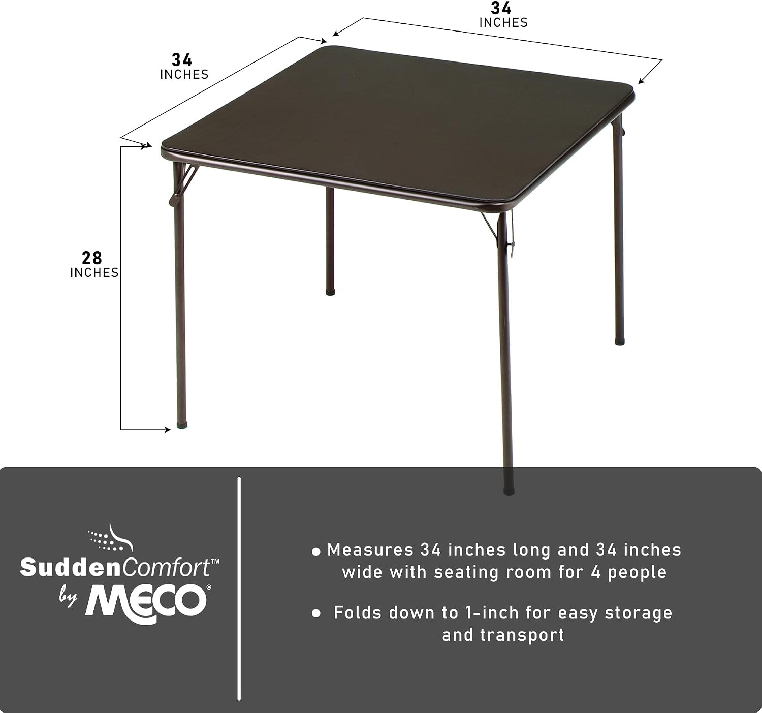 Sudden Comfort 34 by 34 Inch Portable EZ Slide Leg Lock Square Metal Padded Vinyl Top Folding Dining Card Table in Buff Tan