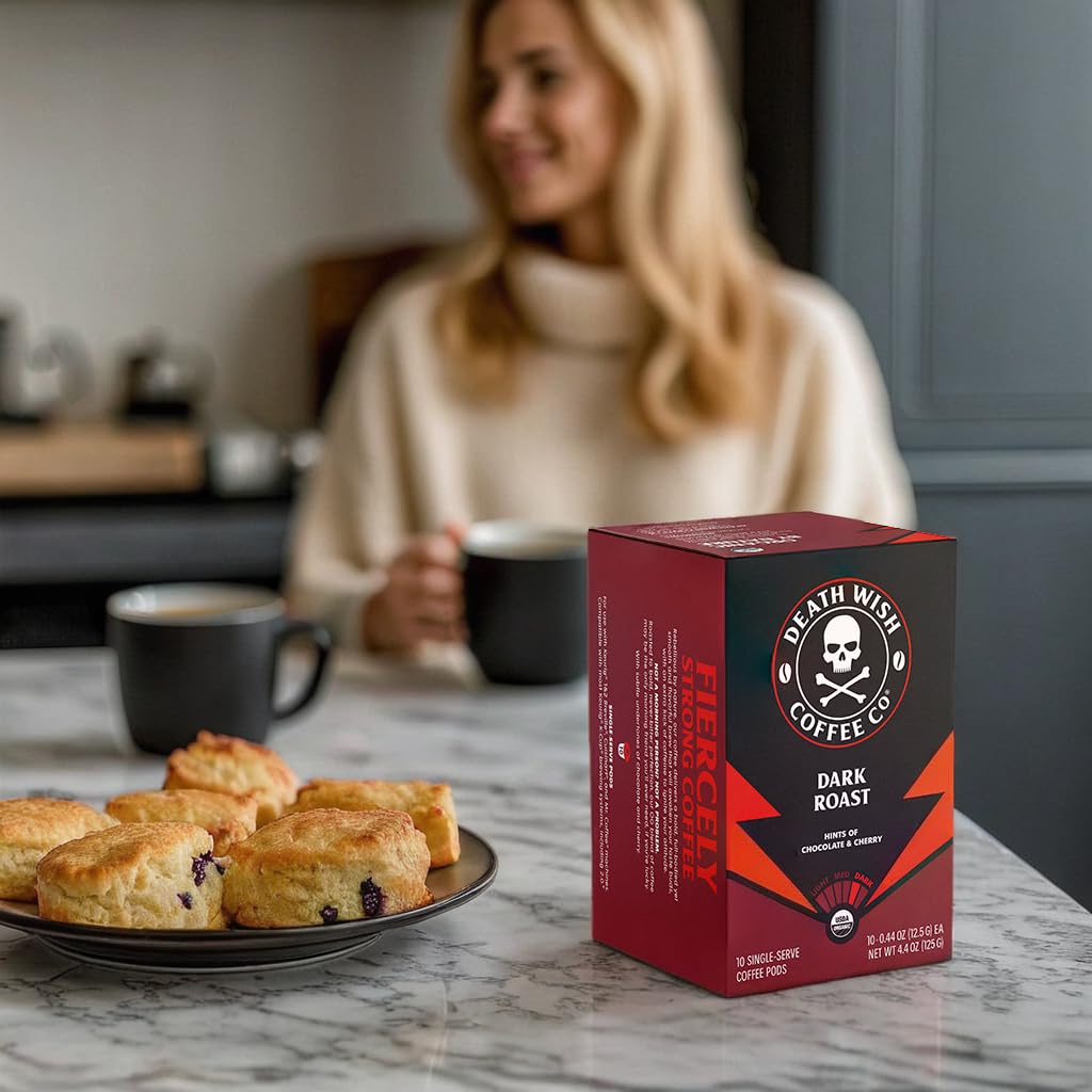 Death Wish Coffee Dark Roast Single Serve Coffee Pods, Organic, 50 Count | Fair Trade Arabica & Robusta, Baker's Chocolate & Cherry Notes, Low Acidity, Heavy Smooth Body, Bold & Intense