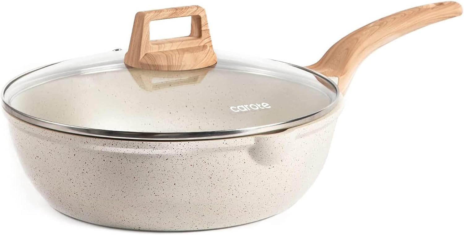 CAROTE 12 Inch Nonstick Deep Frying Pan with Lid, 5.5 Qt Black Granite | Kitchen Non-Toxic PFOA Free Cookware, Covered Sauté Pans All Stovetops Compatible, Easy to Clean