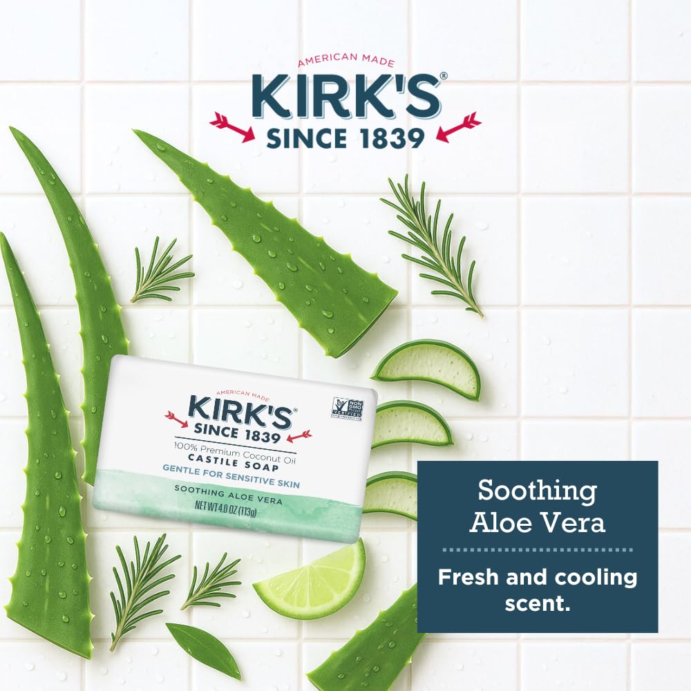 Kirk's Castile Bar Soap, Aloe Vera - Clinically Tested, Safe for Sensitive Skin with Coconut Oil, Vegan and Non-GMO - 4 oz Bars, 6 Pack