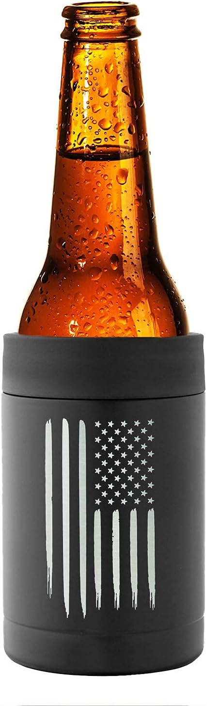 American Flag Insulated Can Cooler - Stainless Steel Bottle Cooler - Engraved USA Flag - American Flag Gifts | Flag 12oz Can Cooler
