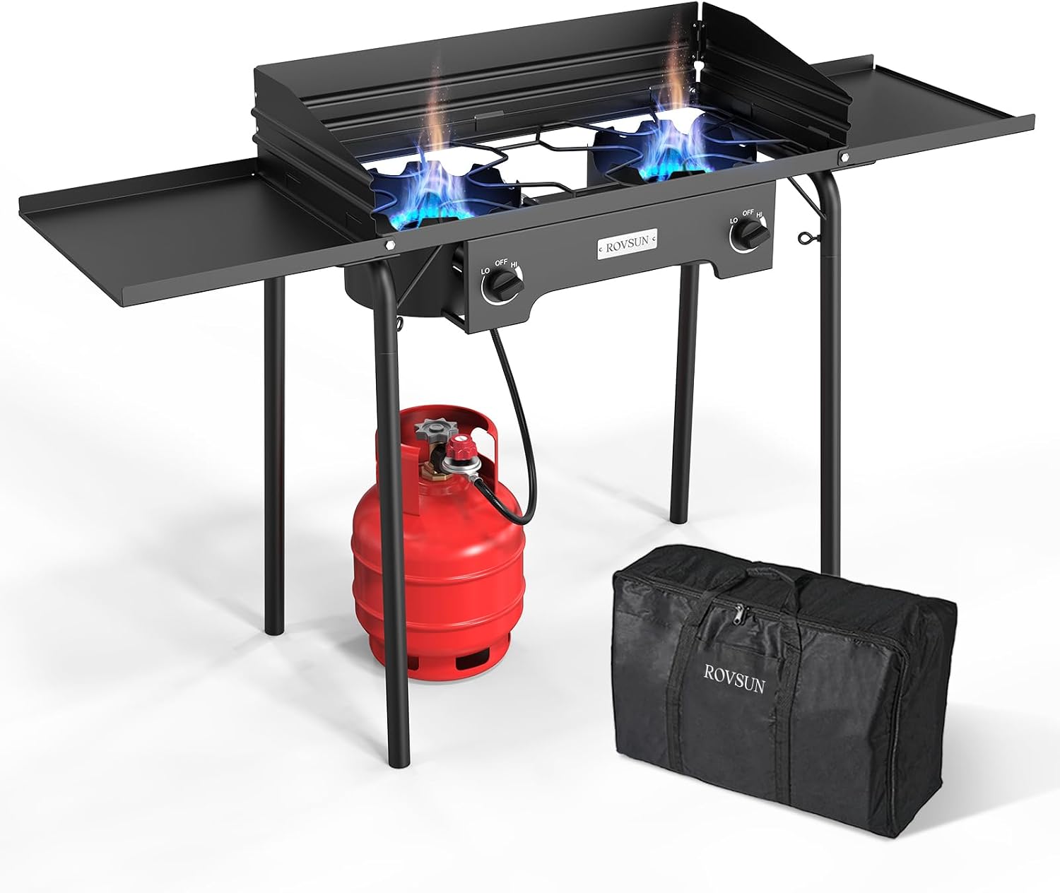 ROVSUN 2 Burner Outdoor Propane Gas Stove with Adjustable Regulator, 150,000 BTU High Pressure Stand Cooker for Backyard Cooking Camping Home Brewing Canning Turkey Frying