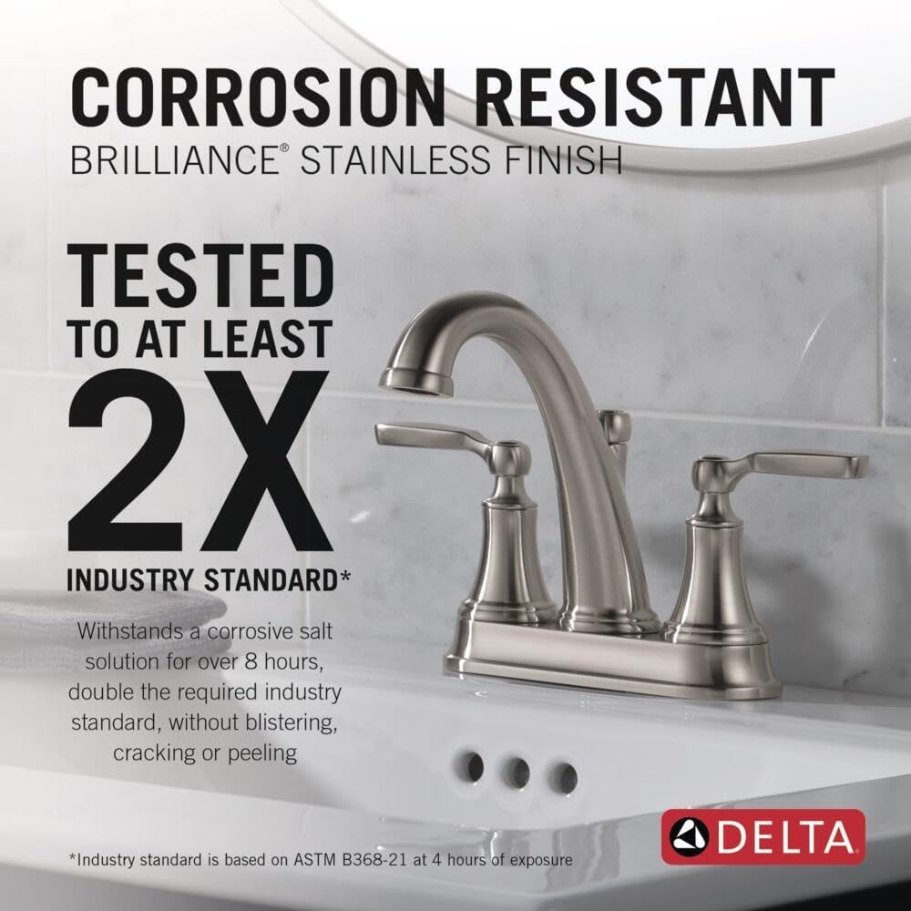 Delta Woodhurst Centerset Brushed Nickel Bathroom Faucet, 4 Inch 3 Hole Bathroom Sink Faucet for Vanity, Metal Push-Pop Drain Assembly