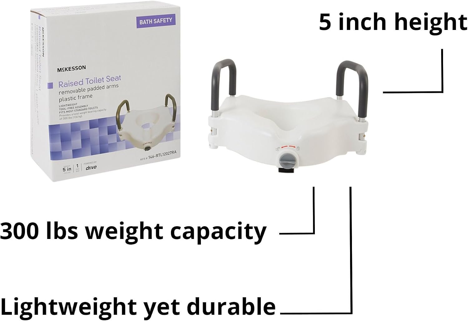 McKesson Raised Toilet Seat with Removable Padded Arms, White, 5 in, 1 ct | Lightweight, Fits Most Standard Toilets
