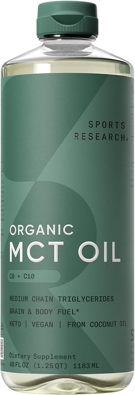 Sports Research® Organic Coconut MCT Oil 32oz, Unflavored | Brain & Body Fuel | Great in Keto Coffee & Protein Shakes | Vegan, Keto, Non-GMO - 63 Servings
