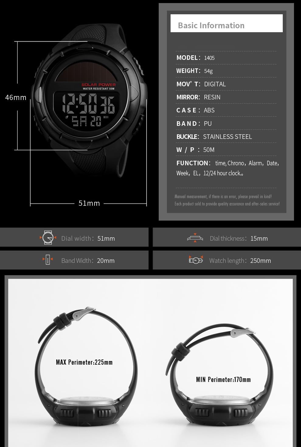 Gosasa Men's Outdoor Sports Multifunction Solar Power LED Digital Watches 50M Water Resistant (Black)
