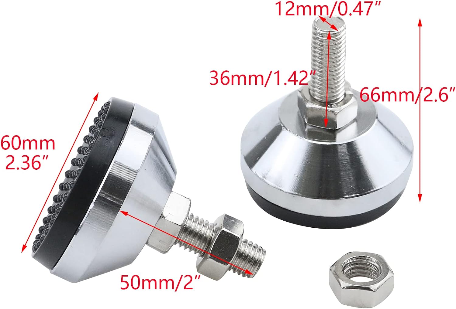 Antrader 4Pcs M8 x 2 Inch Steel Adjustable Leveling Feet,2 Inch Nylon Base | Reinforced Articulated Foot Cups for Furniture & Equipment,Anti-slip Dotted Rubber Base,Reduce Vibration & Protect Floors