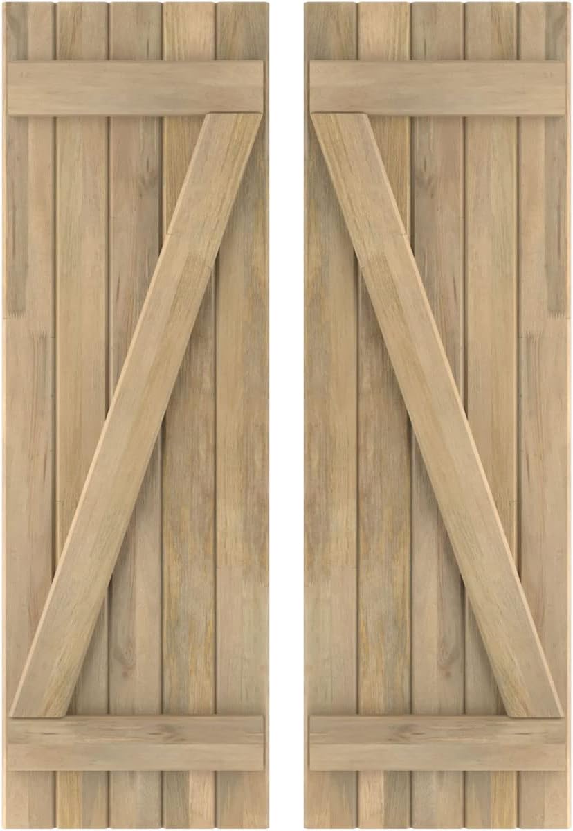 17 1/2"W x 48"H Americraft Five Board (2 Batten) Exterior Real Wood Joined Board-n-Batten Shutters w/Z-Bar (Per Pair), Unfinished