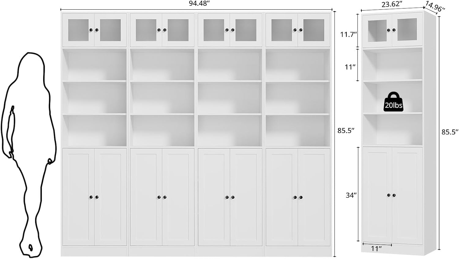 TUSY 85.5 Inch Tall Bookshelf with Doors - 7 Tier Bookcase with Glass Doors and Drawer, 23.6" Wide Storage Cabinet with Open Shelves for Living Room, White Book Shelf for Home Office, Study (AAAA)