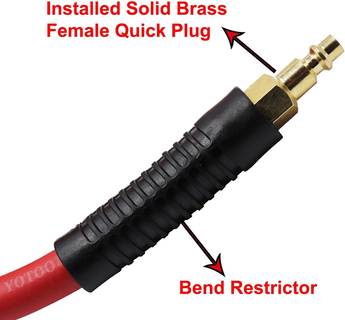YOTOO Rubber Air Hose 3/8-Inch by 50-Feet 300 PSI with 1/4" Industrial Swivel Solid Brass Quick Coupler, Plug and Bend Restrictors, Red