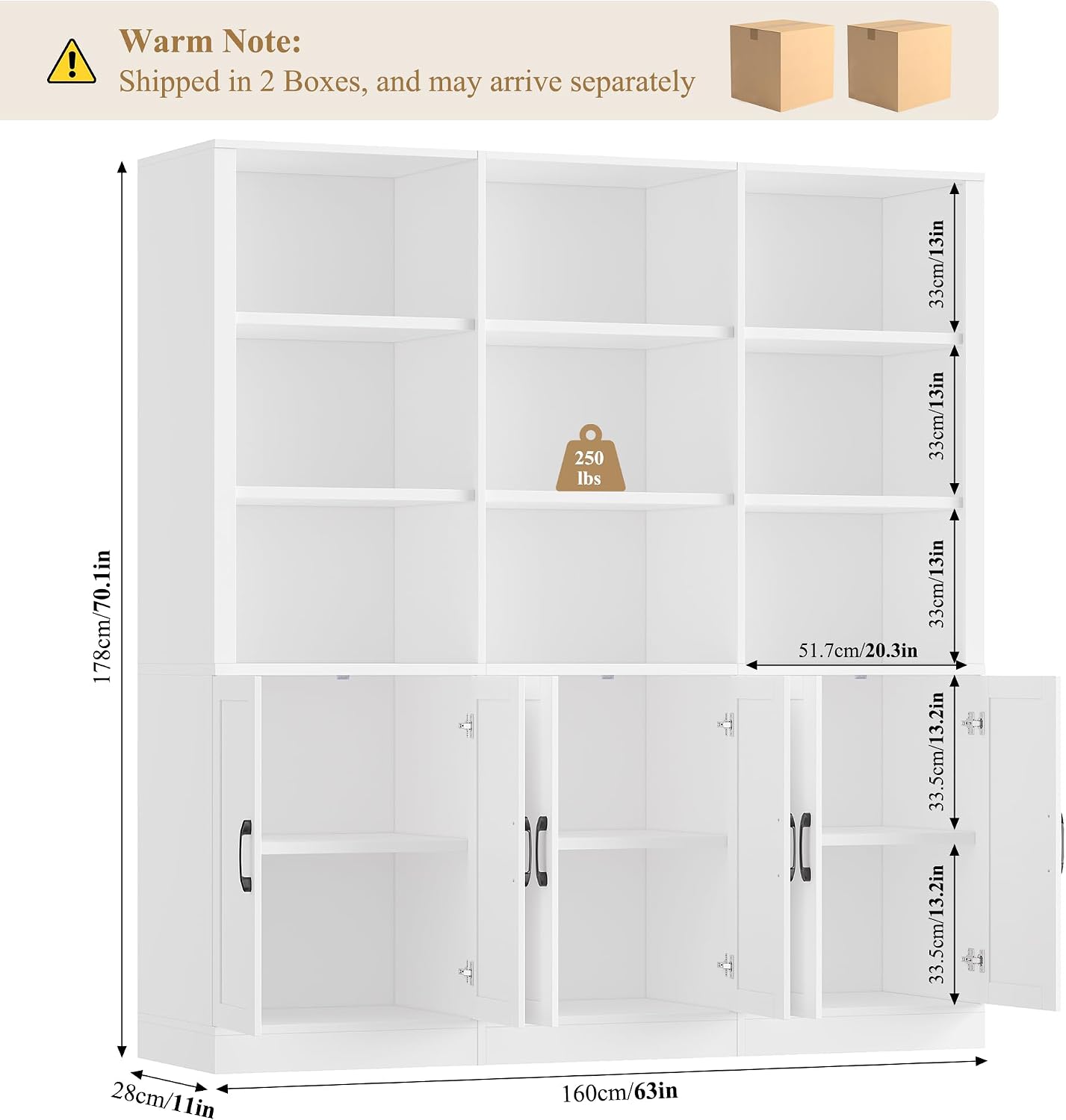 70” H x 63” W Triple Wide Bookshelf, Tall Bookcase with 6 Doors | 5 Tier Book Shelf with 15 Storage Shelves, Tall Book Case Large Bookshelves with Storage Cabinet for Home Office, White