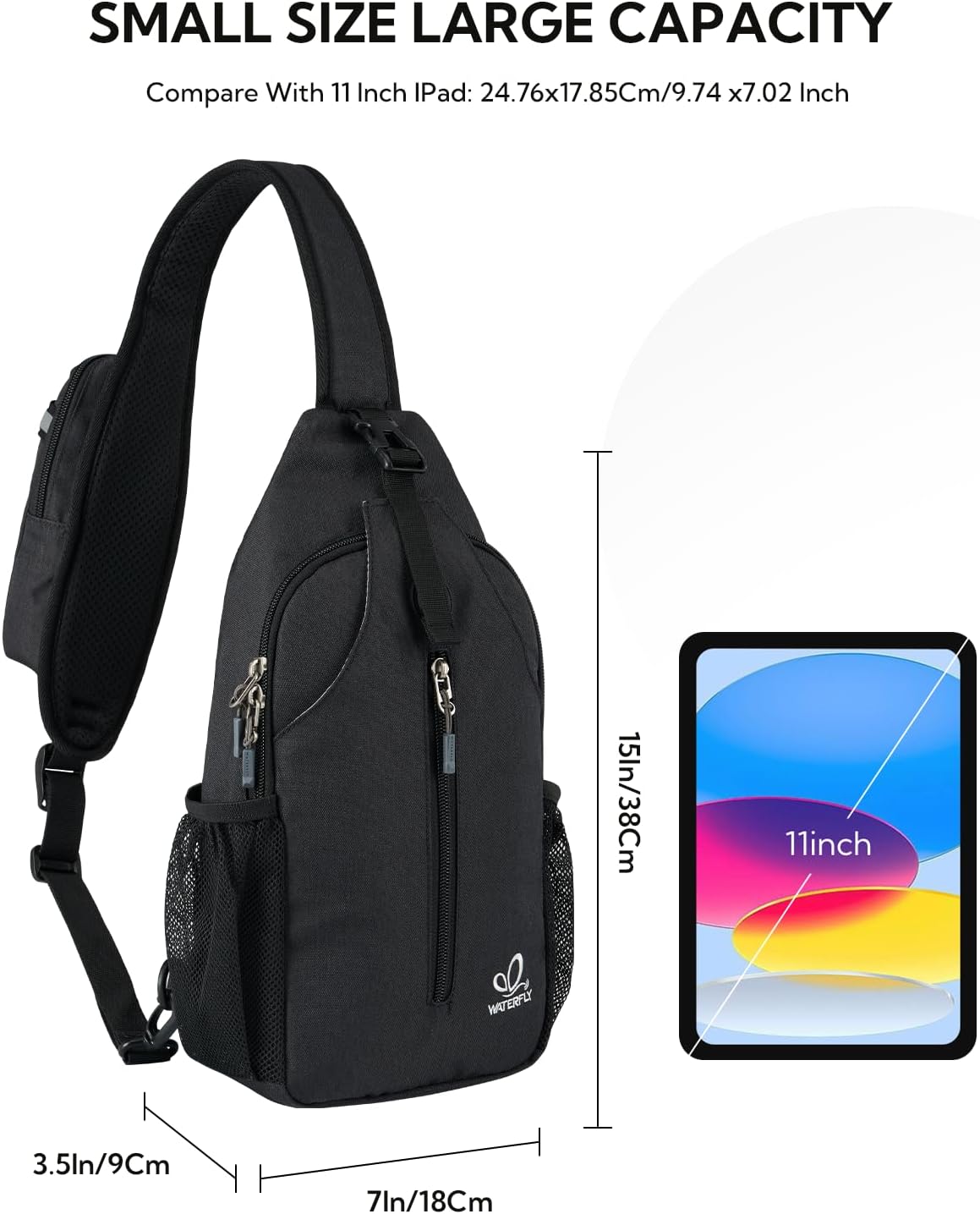 WATERFLY Crossbody Sling Backpack Sling Bag Travel Hiking Chest Bag Daypack (Black) | Small Hiking bag,Multi-compartment storage,Water-resistant,Breathable back pad,Reversible adjustable shoulder strap