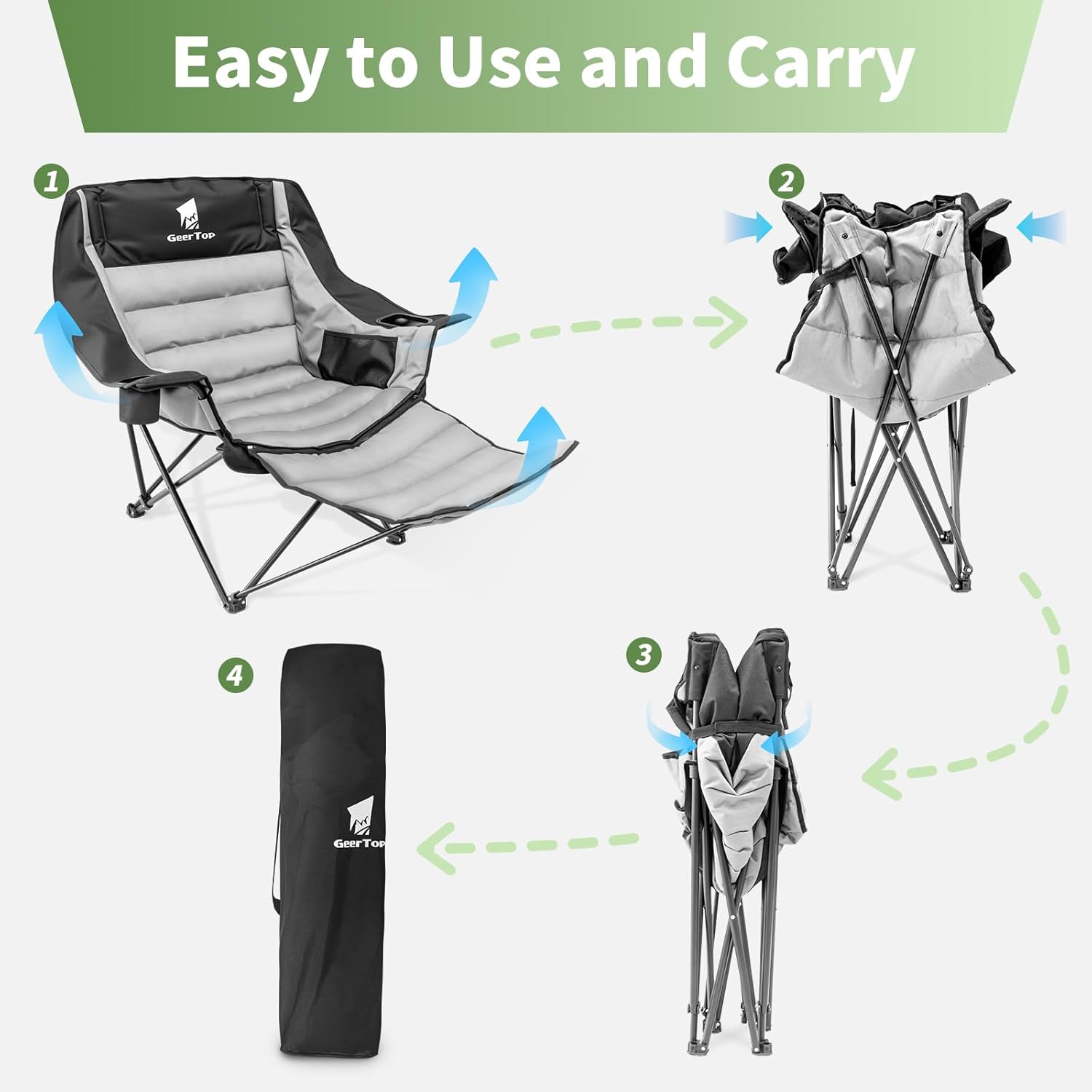 GEERTOP Oversized Padded Camping Folding Chair with Removable Footrest | Extra Comfort chair, Heavy-duty Frame, Supports up to 400 lbs, Foldable