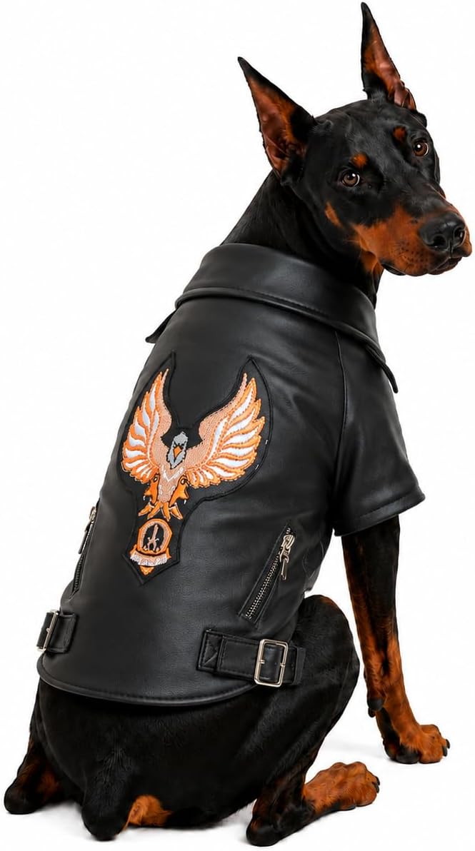 Lovelonglong Cool Dog Leather Jacket, Warm Coats Dogs Windproof Cold Weather Coats for Large Medium Small Dogs with Eagle Embroidery Black XS