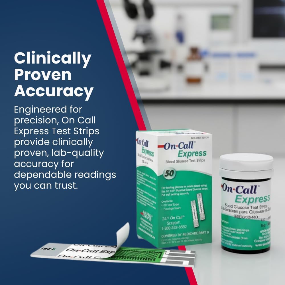 Blood Glucose Test Strips for Diabetes by On-Call Express, 50 Count, No Coding Needed, Quick Read in Seconds, Accurate Diabetic Blood Sugar Testing