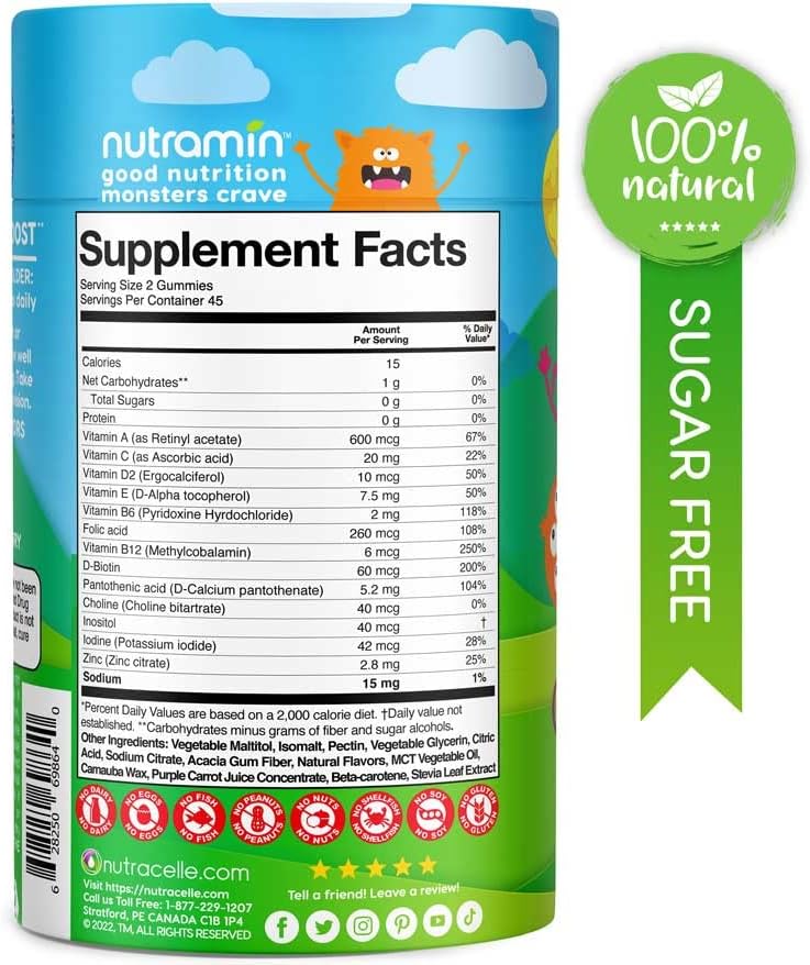 NUTRAMIN Sugar-Free Gummy Multivitamins for Kids, Allergen-Free, 90 Count