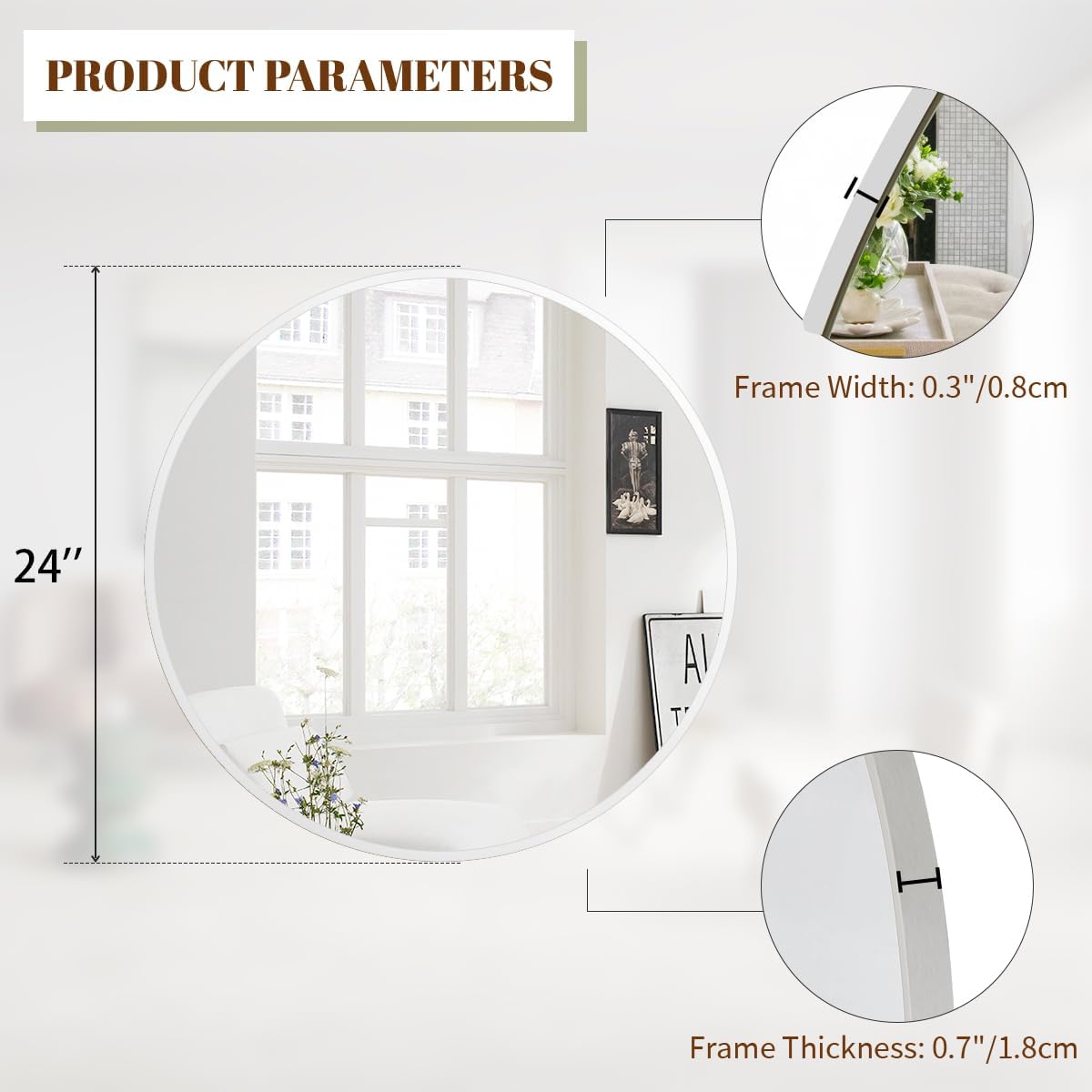BEAUTYPEAK 24 Inch Round Mirror, Metal Frame Circle Mirror, White