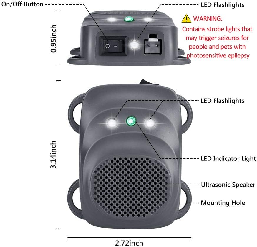 Angveirt Under Hood Rodent Repellent for Car Engine, 1 Pack | Ultrasonic Mice Deterrent with Strobe Lights, Connecting 12V 24V Car Battery