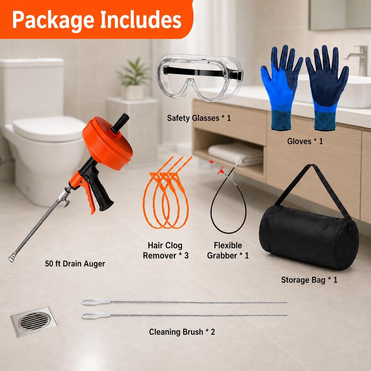 50 FT Double Mode Drain Snake Tools, 14-in-1 Drain Auger for Sink and Drain Unblocking, Plumbing Snake for Kitchen, Bathrom and Shower Sink