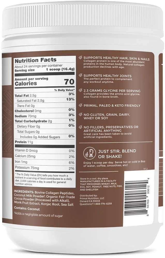 Primal Kitchen Collagen Peptide Drink Mix, Collagen Fuel, Chocolate Coconut, 13.9 oz (394 g)