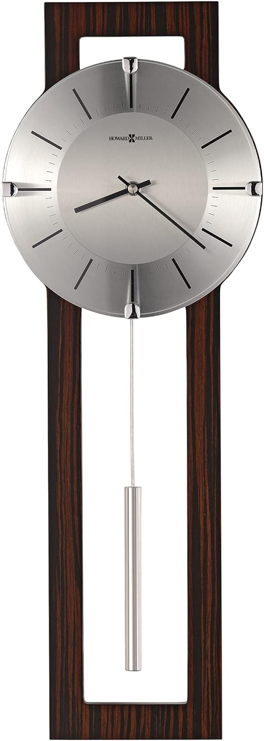 Howard Miller Mela Wall Clock with Pendulum | Wooden Frame, Silver Dial, Analog Quartz | Modern Minimalist Decor for Living Room, Office