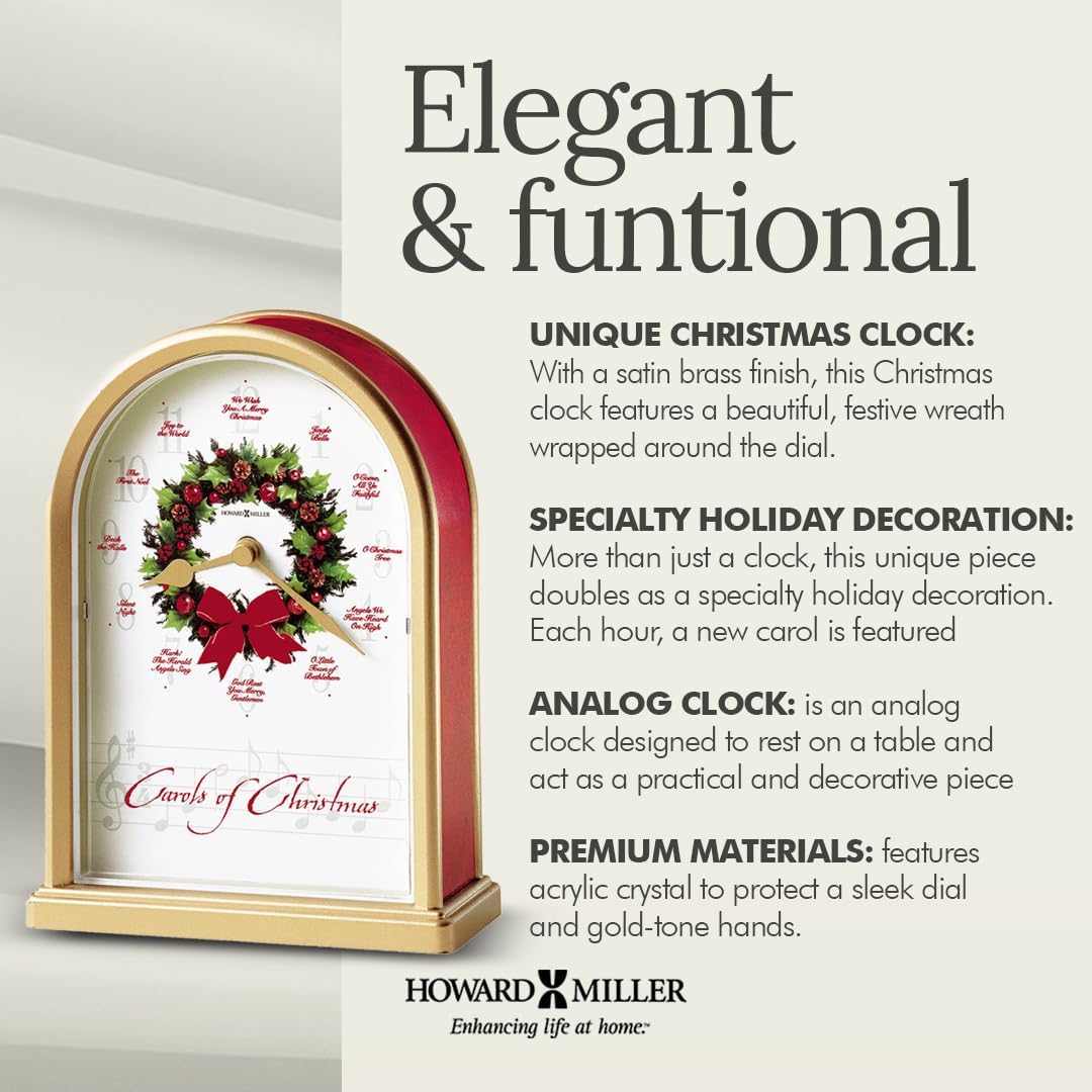 Howard Miller Carols of Christmas II Tabletop Clock – Satin Brass Finish, 12 Classic Carols, Hourly Chime, Battery Operated, Festive Wreath Design
