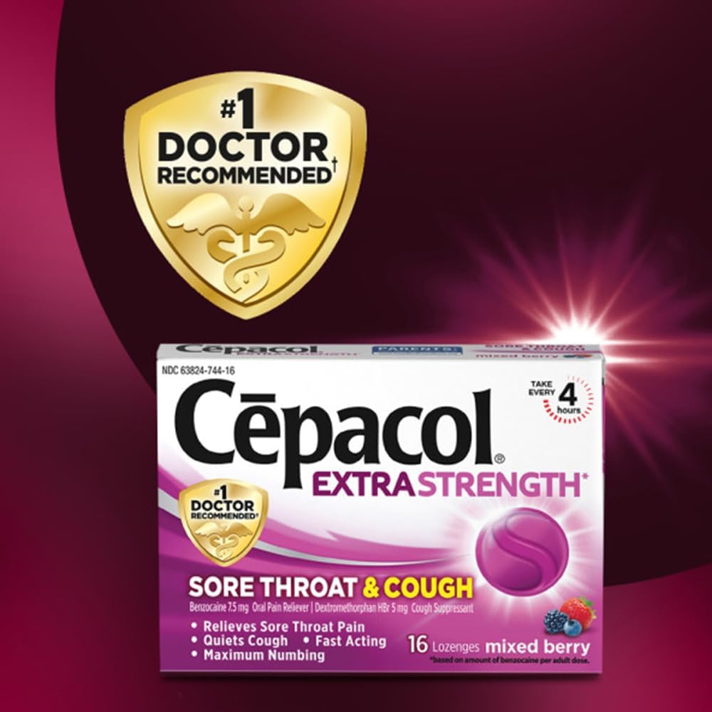 Cepacol Extra Strength Sore Throat & Cough Relief Lozenges, 16 Count, Mixed Berry Flavor, Maximum Numbing, Fast Acting Relieves Sore Throat Pain, and Quiets Cough (Pack of 4)