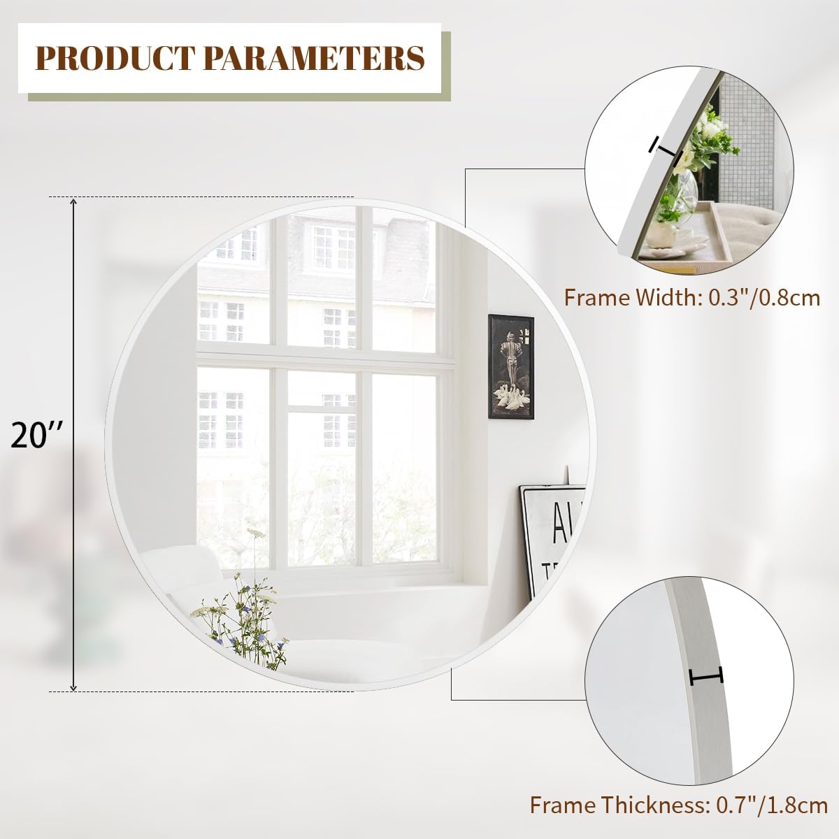 BEAUTYPEAK 24 Inch Round Mirror, Metal Frame Circle Mirror, White