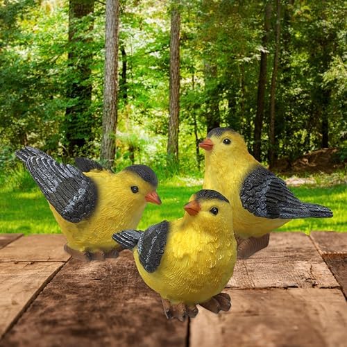 BANBERRY DESIGNS Goldfinch Bird Figurines Set of 3, Hand-Painted Polystone Birds in 3 Poses, Small Decorative Bird Statues for Home, Garden, Mantel, Shelf and Spring Decor, 3 Inch