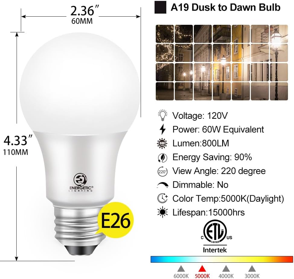 Energetic 4-Pack Dusk to Dawn LED Outdoor Light Bulb, 60 Watt Equivalent(6W), 800LM, Warm White 3000K, E26 Base
