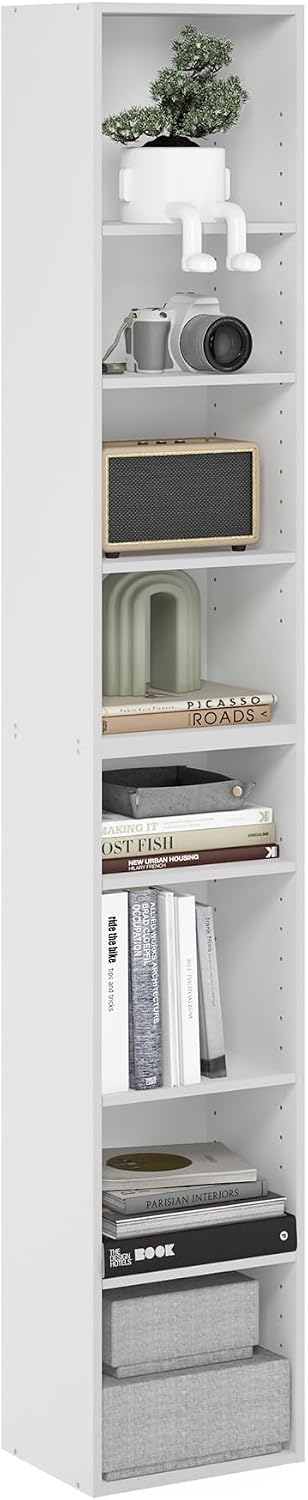 Furinno LUDER Book Shelf, 6-Tier Tall Modern Bookshelf, Bookcase with Open Shelves, 9.3 x 12 x 71, for Living Room, Bedroom, Home Office, White
