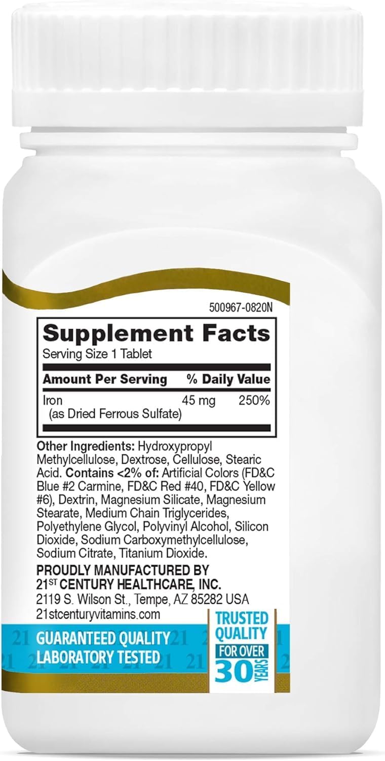 21st Century Slow Release Iron 45mg Tablets, Gentle on Stomach, 60 Count | High-Potency Ferrous Sulfate, Compare VS. Slow FE® & Healthy Red Blood Cells, Gluten Free, No Added Yeast, For Women & Men