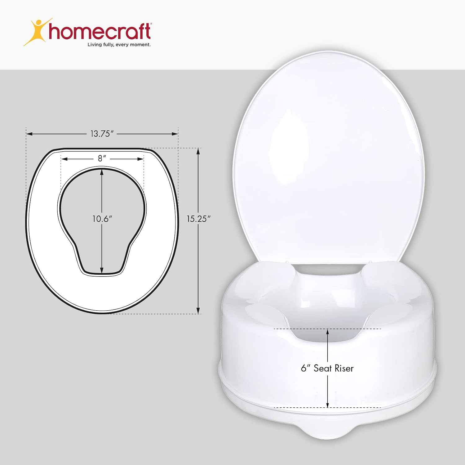 Homecraft Savanah Raised Toilet Seat 2" with Lid, Elongated & Elevated Lock Seat Support for Elderly, Handicapped and Disabled Users, White Colour | Elevated toilet seat riser for seniors and elderly; universal fit for most standard toilets, portable and…
